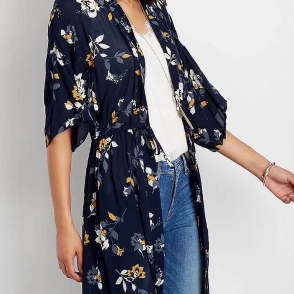 Navy Floral Tie Front Kimono